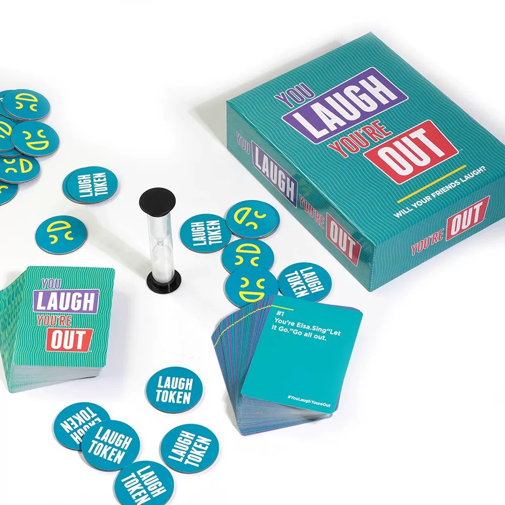 Board game component samples for a manufacturing quote, including cards, dice, wooden pieces, tokens, and a box